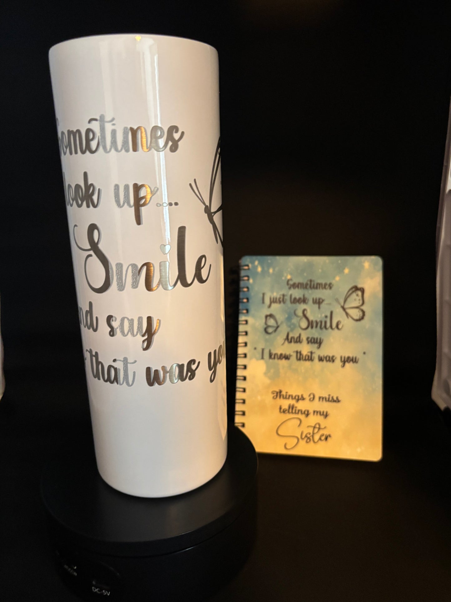 20 oz engraved skinny tumbler with matching 5x7 lined notebook